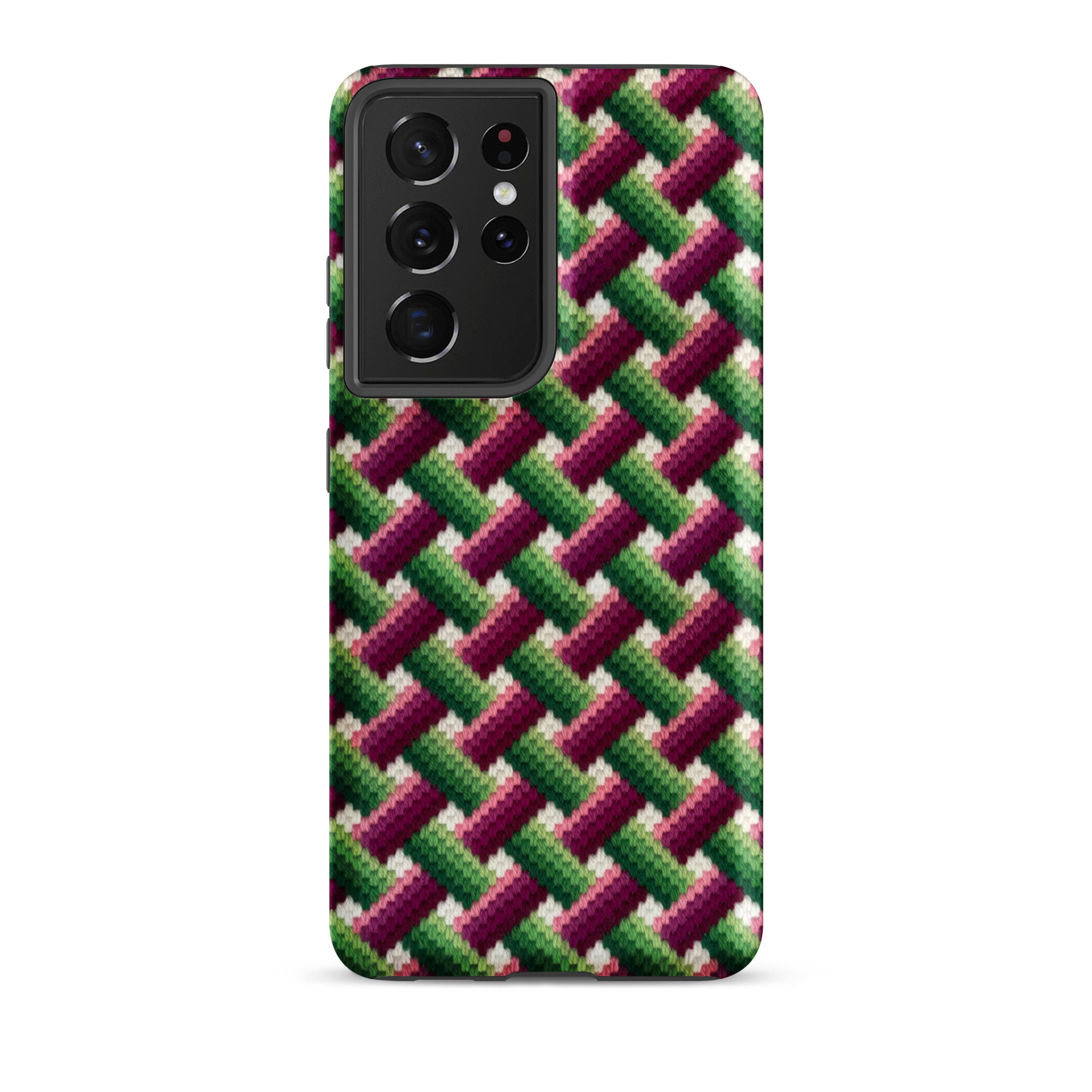 Graphic needlepoint Samsung Galaxy s21 Ultra phone case in pink and green