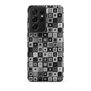 Samsung Galaxy s21 Ultra case in black and white needlepoint print