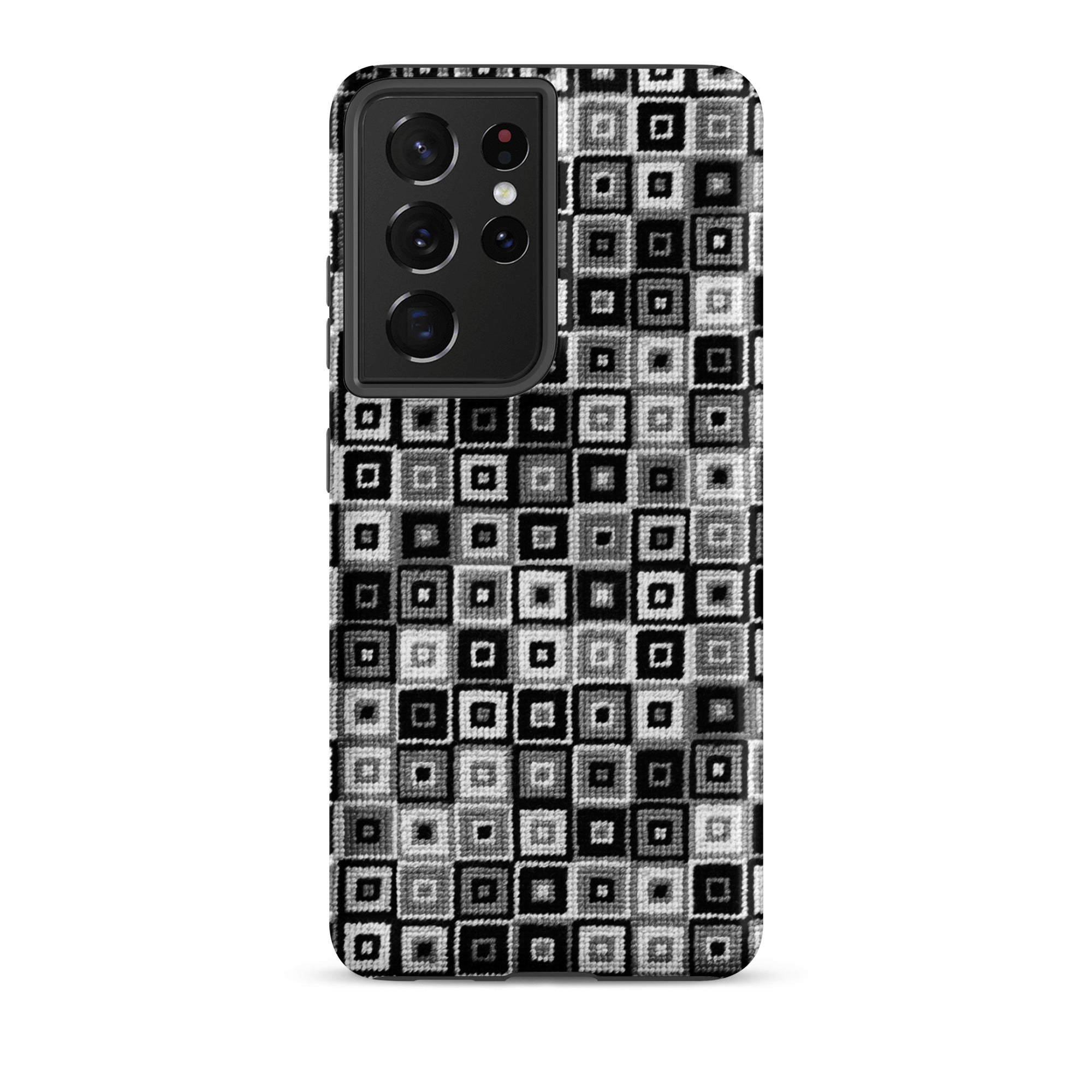 Samsung Galaxy s21 Ultra case in black and white needlepoint print