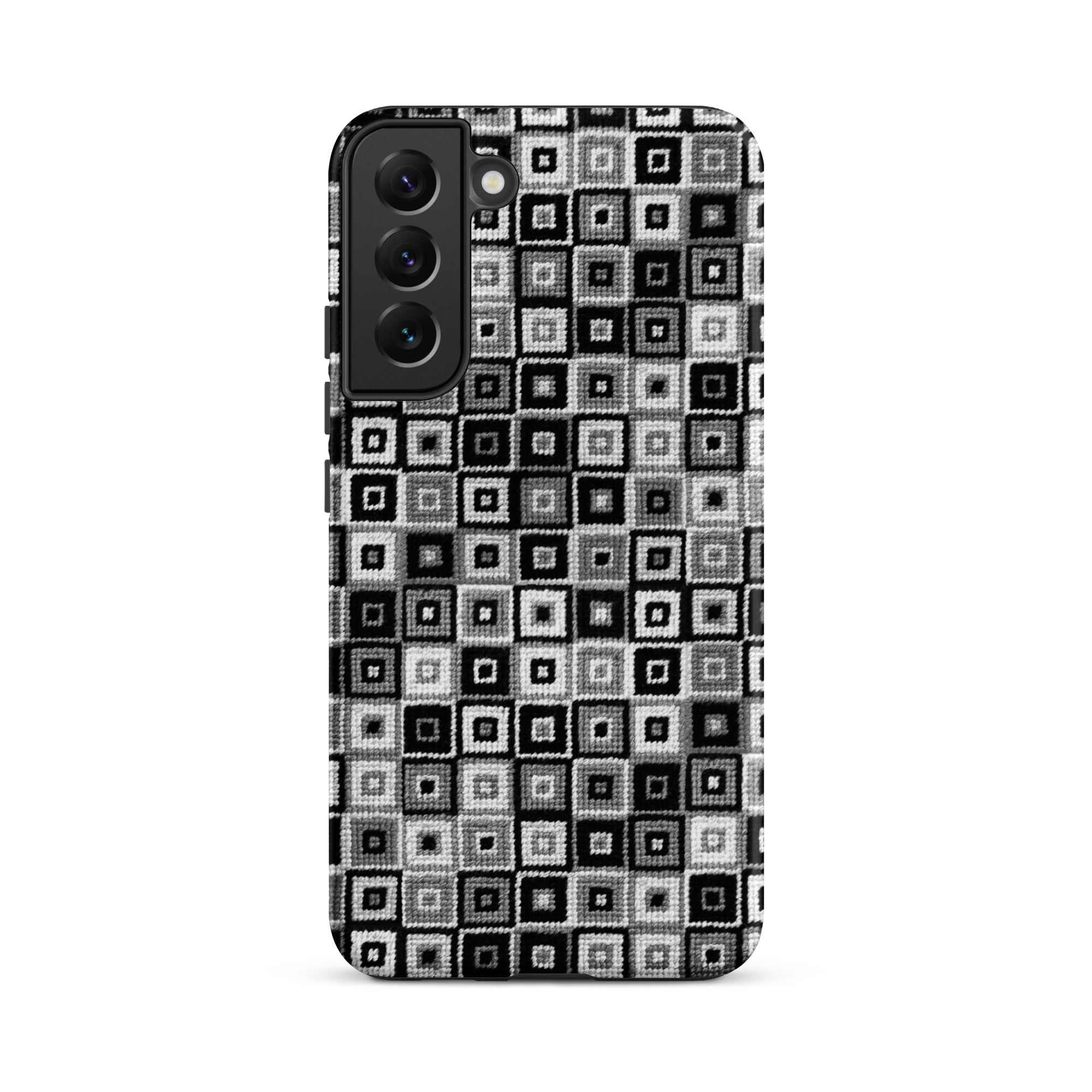 Fun geometric Samsung Galaxy s22 Plus phone case in black, white and grey pattern