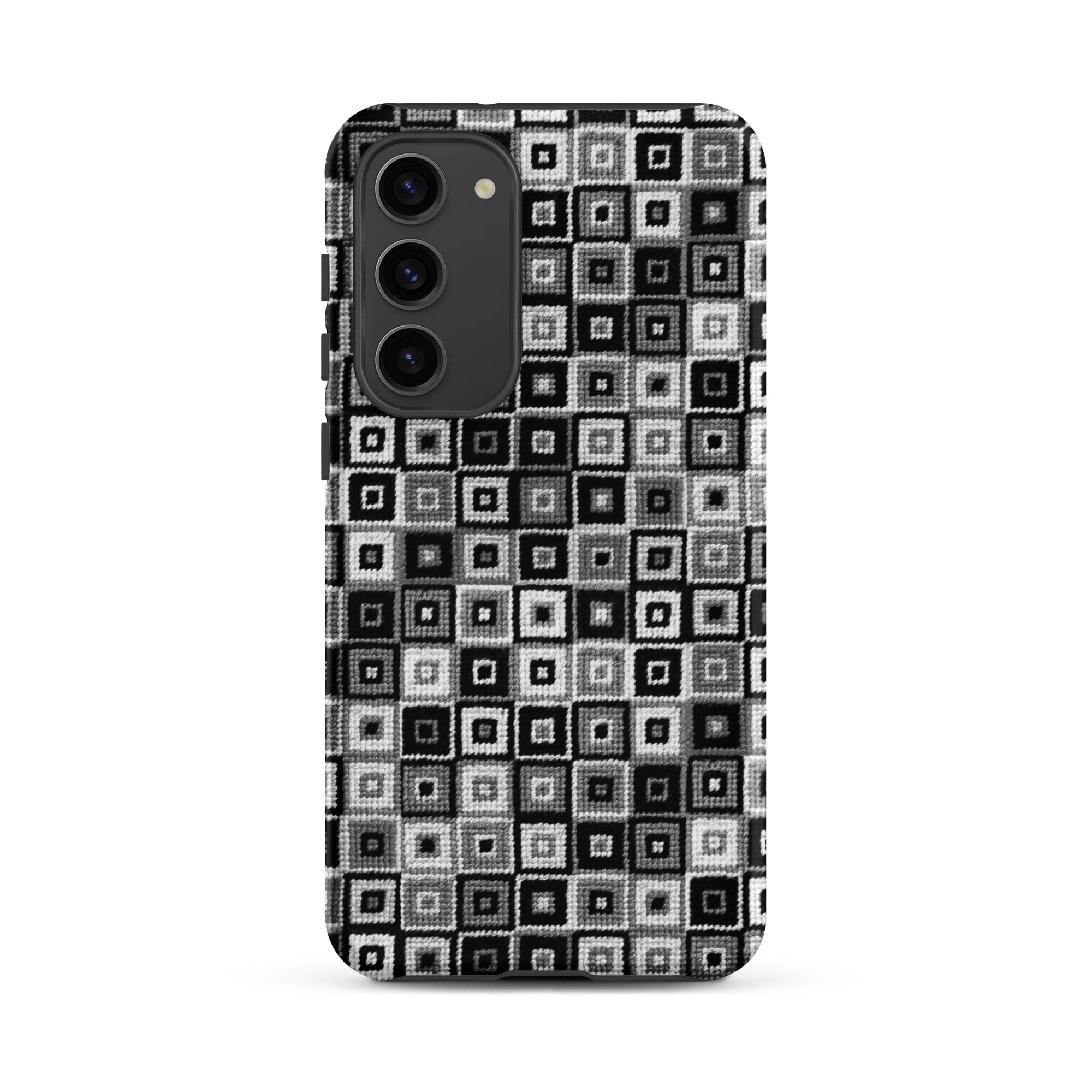 Samsung Galaxy s23 Plus phone case in eye-catching black and white stitched patttern