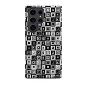 Black and white Samsung Galaxy s23 Ultra phone case in geometric needlepoint design