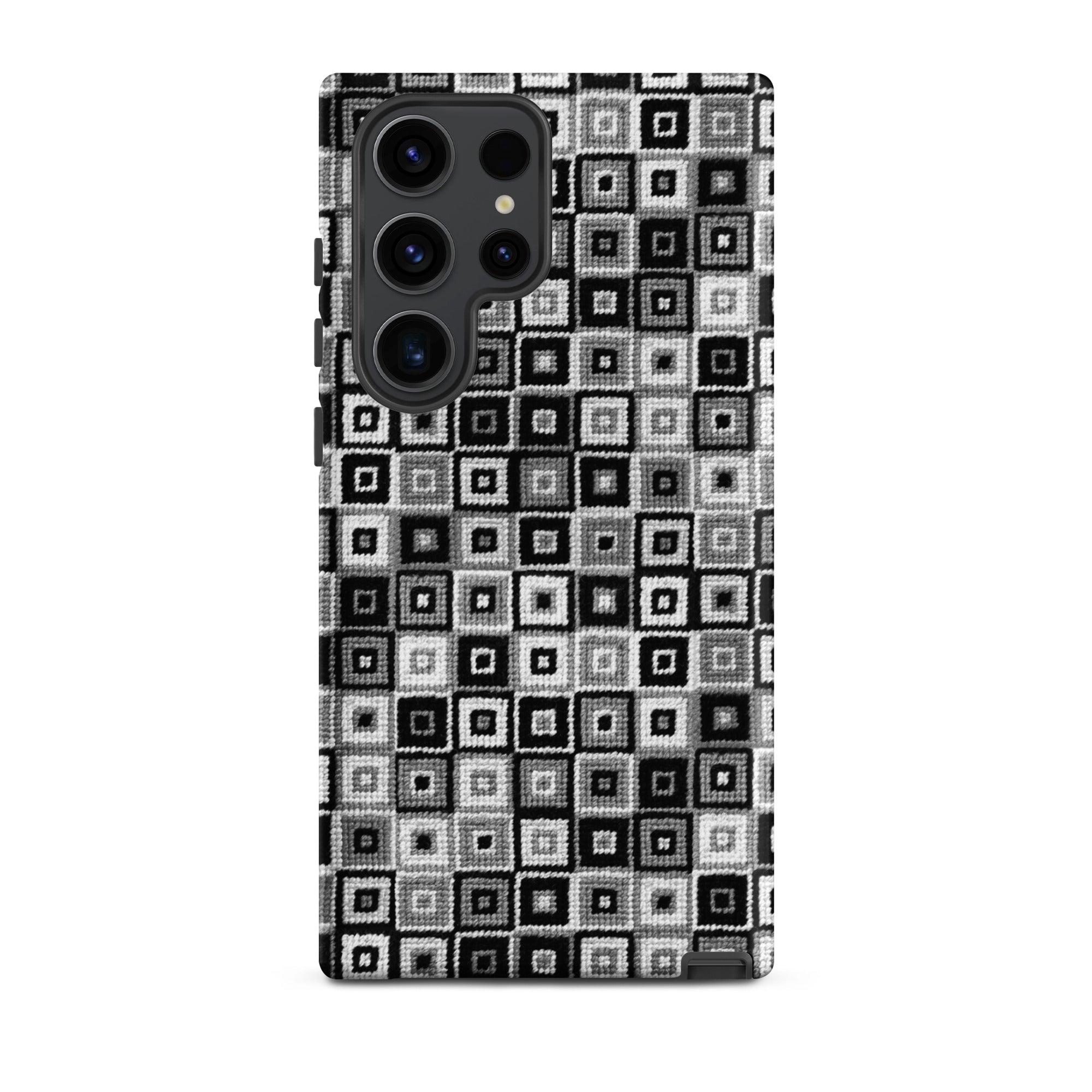 Black and white Samsung Galaxy s23 Ultra phone case in geometric needlepoint design