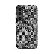 Samsung Galaxy s24 Plus phone case in black, white and grey pattern