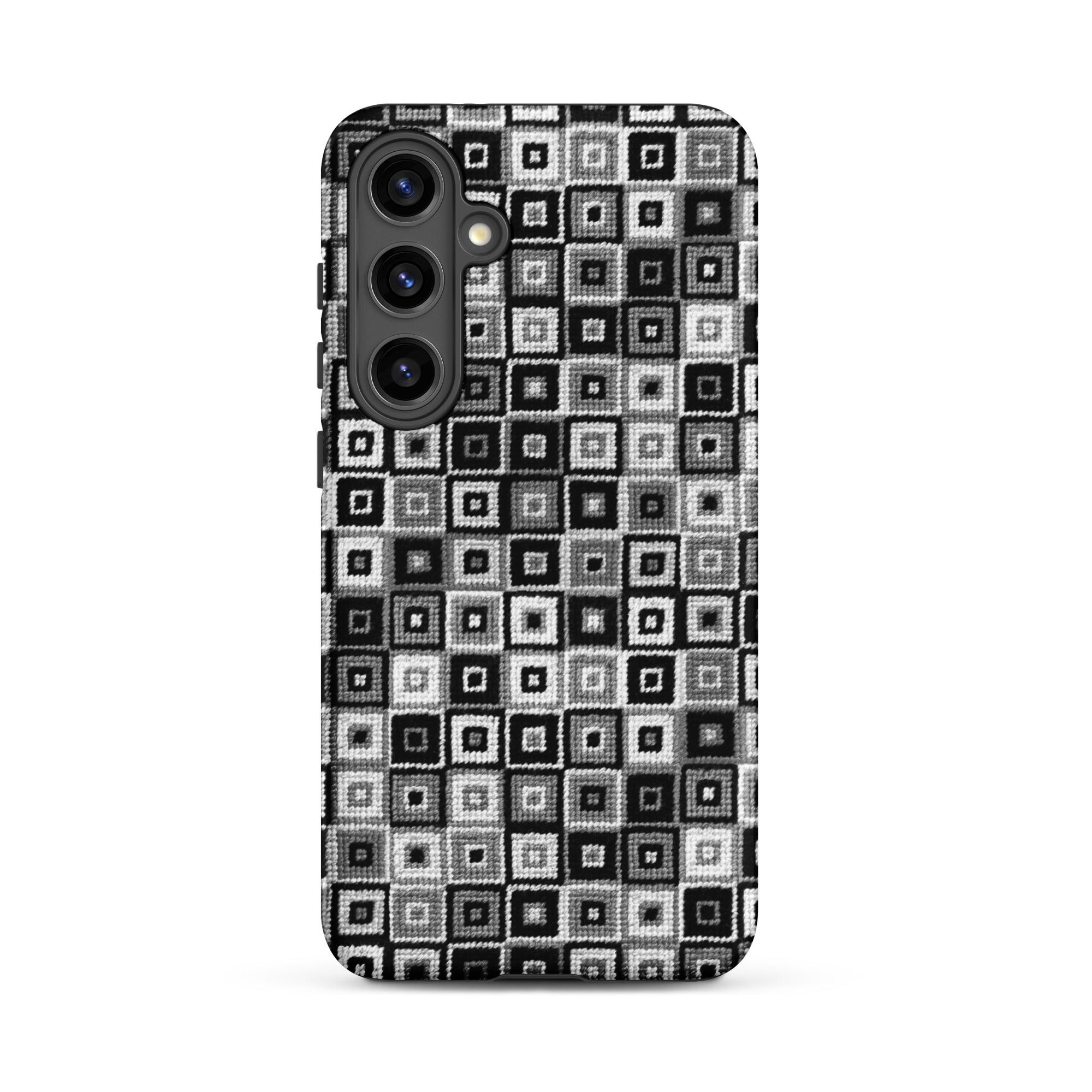 Samsung Galaxy s24 Plus phone case in black, white and grey pattern