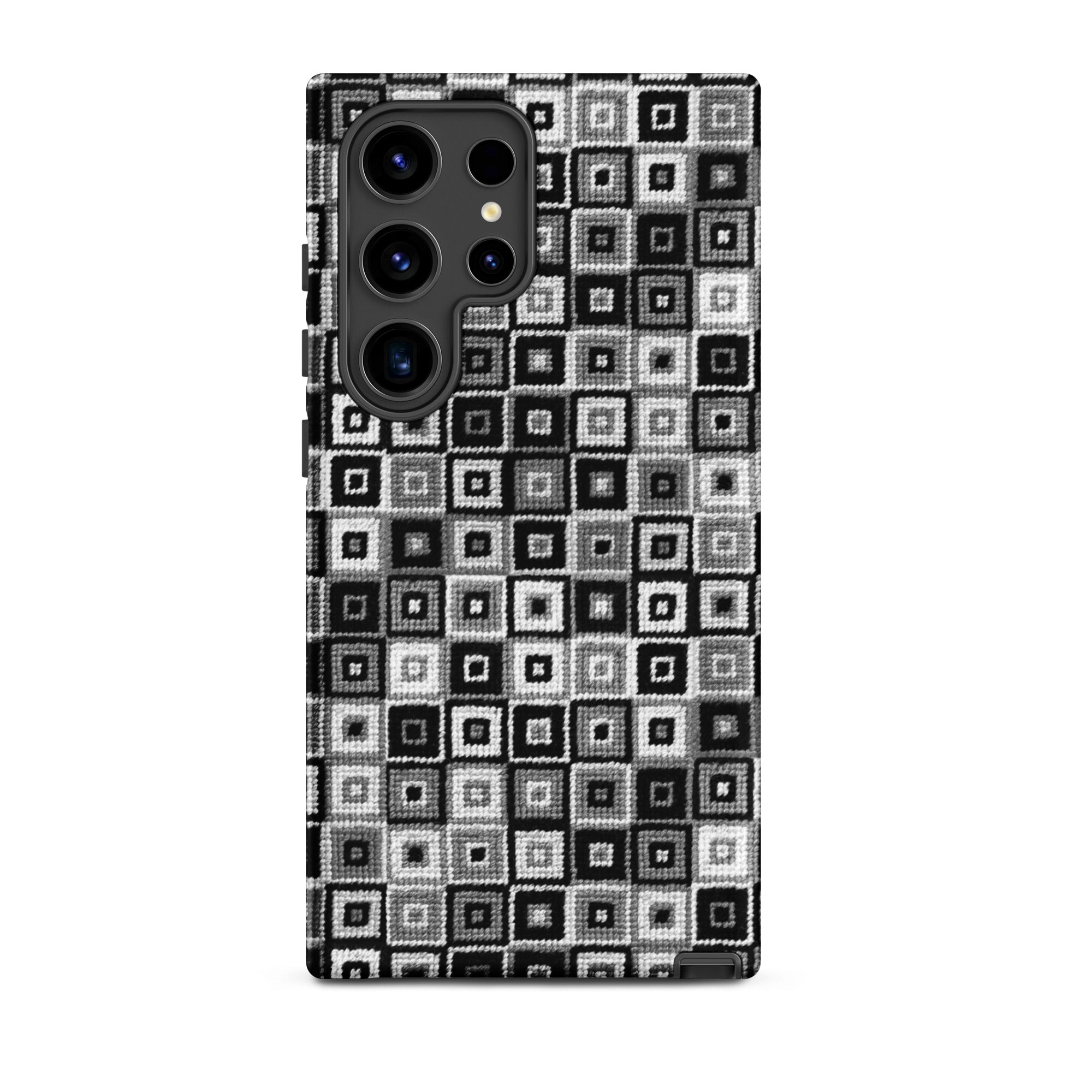 Black pattern phone case for Samsung Galaxy s24 Ultra in needlepoint-look squares